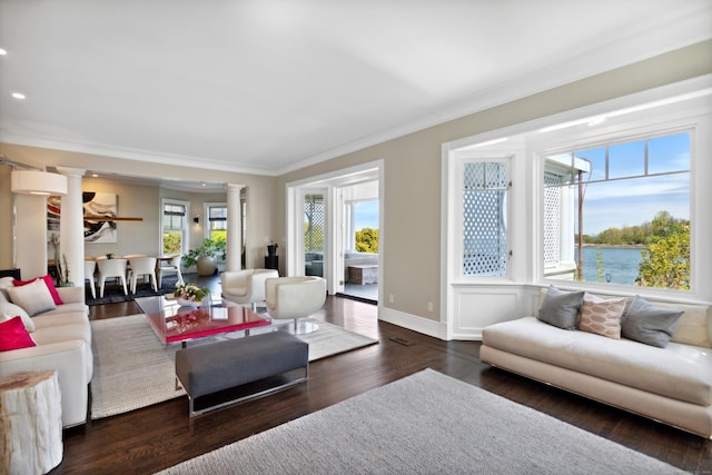 living room with a healthy amount of sunlight, dark hardwood / wood-style flooring, ornate columns, and a water view