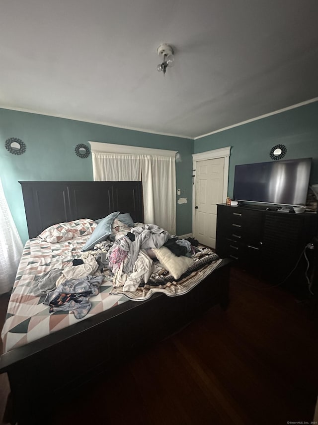 bedroom with dark hardwood / wood-style flooring