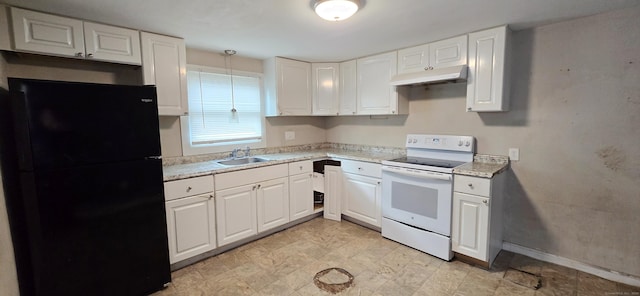 kitchen with pendant lighting, white cabinets, black fridge, sink, and white electric range oven