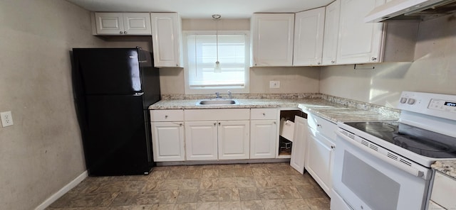 kitchen featuring electric range, sink, black fridge, extractor fan, and white cabinets