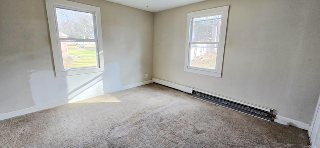 unfurnished room with carpet flooring and a baseboard radiator