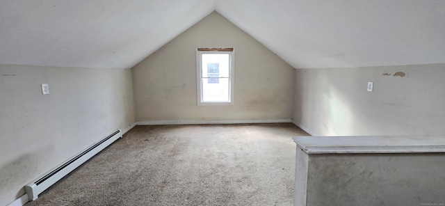 bonus room with carpet flooring, lofted ceiling, and a baseboard radiator