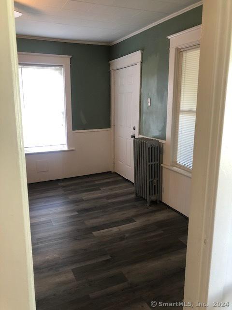 empty room featuring dark hardwood / wood-style flooring, crown molding, and radiator