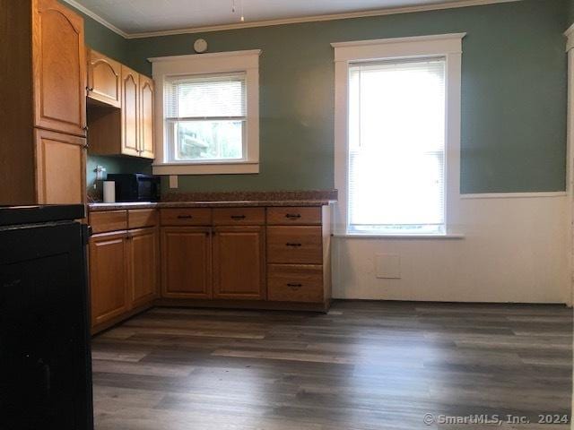 kitchen featuring dark hardwood / wood-style floors and ornamental molding