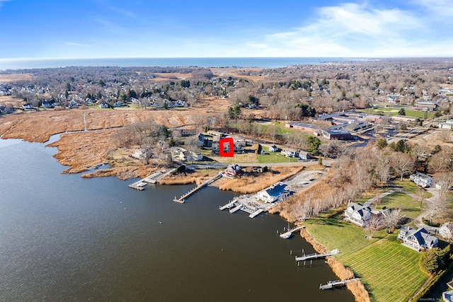 drone / aerial view featuring a water view