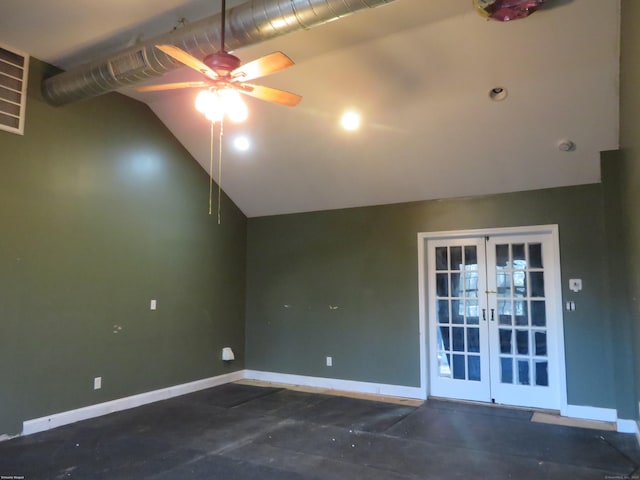 unfurnished room featuring french doors, ceiling fan, and lofted ceiling