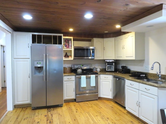 276 Parker Farms Rd, Wallingford, CT 06492 - kitchen with appliances with stainless steel finishes, wooden ceiling, white cabinets, light wood-style floors, and open shelves