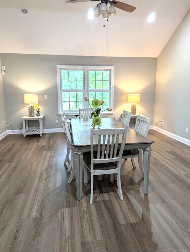 276 Parker Farms Rd, Wallingford, CT 06492 - dining space with a ceiling fan, wood finished floors, vaulted ceiling, and recessed lighting