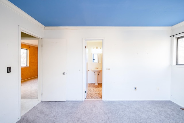 unfurnished bedroom featuring connected bathroom, light carpet, sink, and ornamental molding