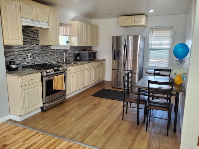 kitchen with appliances with stainless steel finishes, light stone counters, a healthy amount of sunlight, and sink