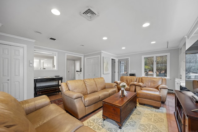 tiled living room with baseboard heating and ornamental molding