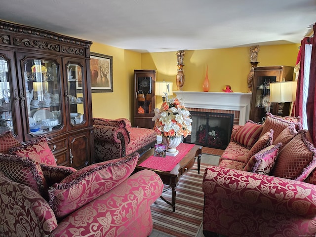 living room with a fireplace