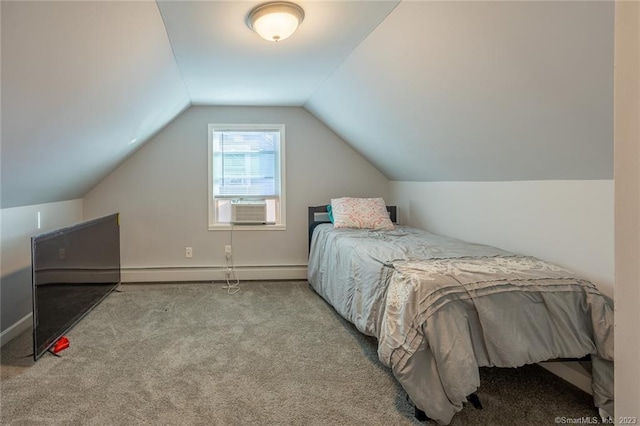 bedroom featuring a baseboard radiator, cooling unit, baseboards, vaulted ceiling, and carpet