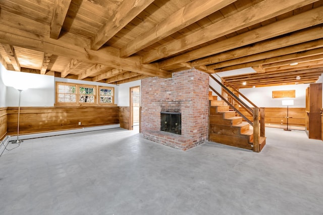 basement with wood walls, a fireplace, and wooden ceiling