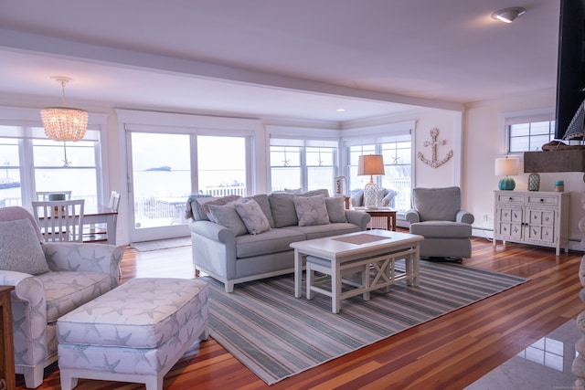 living room featuring a chandelier, hardwood / wood-style floors, and a baseboard heating unit