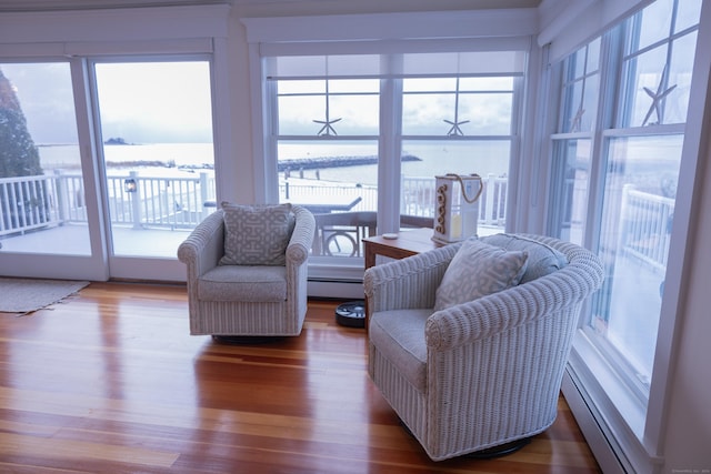 sunroom / solarium featuring a water view and a baseboard radiator