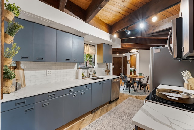 kitchen featuring wood ceiling, sink, light hardwood / wood-style floors, and appliances with stainless steel finishes