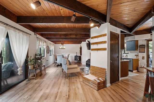 interior space with beamed ceiling, a chandelier, wood ceiling, and light hardwood / wood-style flooring