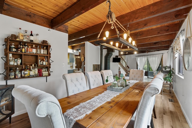 dining room featuring beamed ceiling, wood-type flooring, an inviting chandelier, and wood ceiling