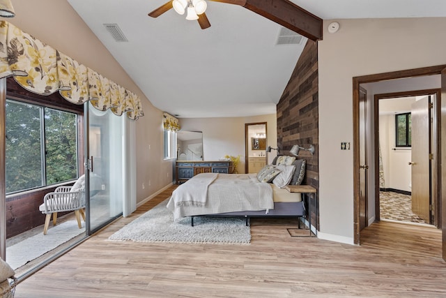 bedroom with beam ceiling, high vaulted ceiling, light hardwood / wood-style flooring, and ceiling fan