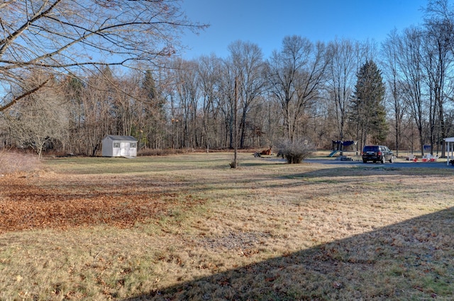 view of yard with a storage shed