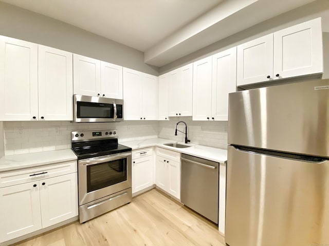 kitchen featuring sink, decorative backsplash, stainless steel appliances, and white cabinets