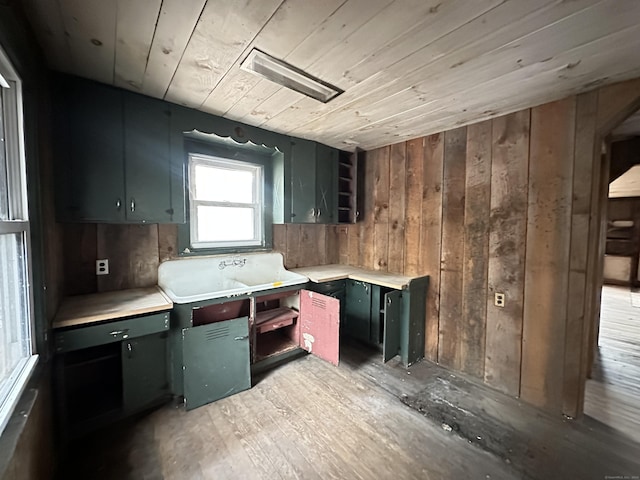 kitchen featuring wooden walls, light hardwood / wood-style floors, and wooden ceiling