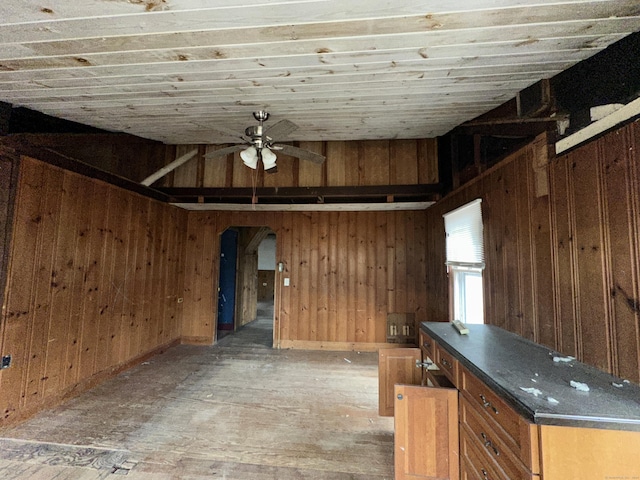 basement featuring ceiling fan and wood walls