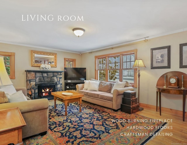 living room featuring a fireplace, wood-type flooring, and ornamental molding