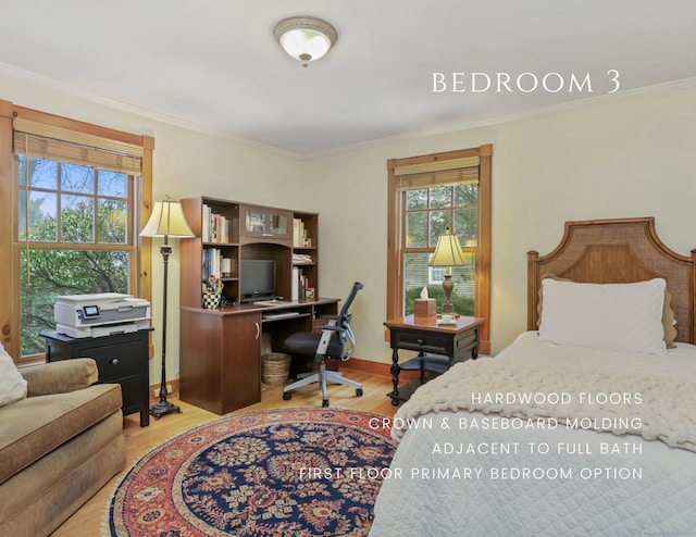 bedroom with light hardwood / wood-style floors, ornamental molding, and multiple windows