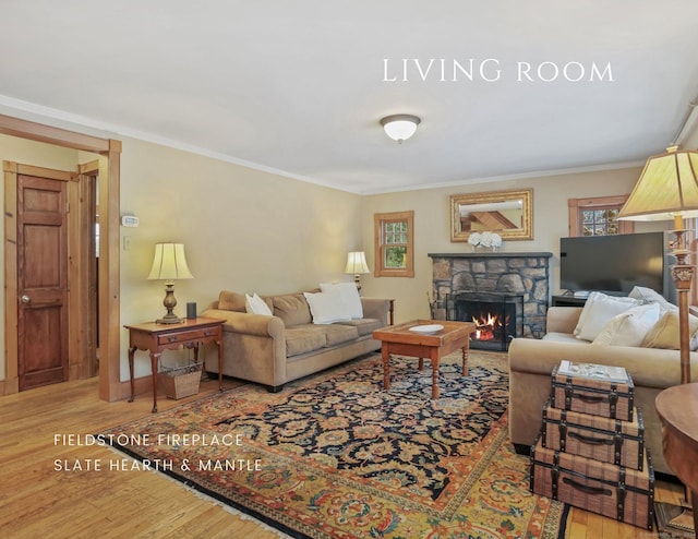 living room with a fireplace, hardwood / wood-style floors, and crown molding