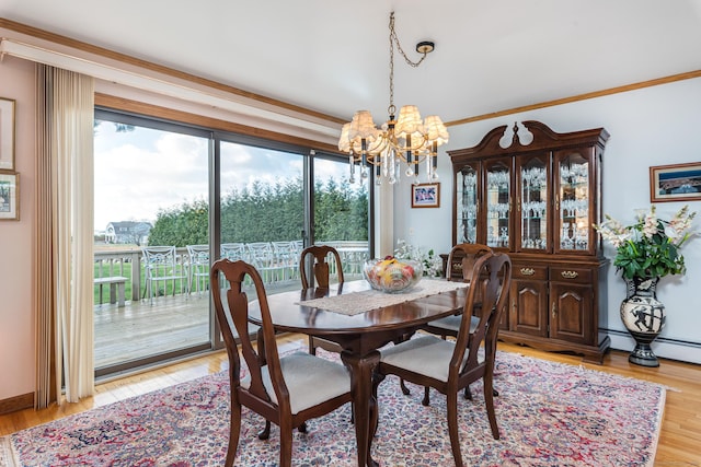 dining space featuring a healthy amount of sunlight, light wood-type flooring, and a notable chandelier