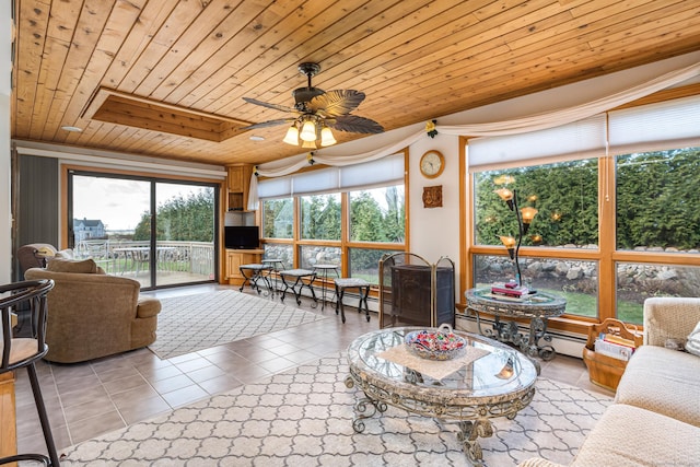 living room with light tile patterned floors, ceiling fan, a baseboard heating unit, and wood ceiling