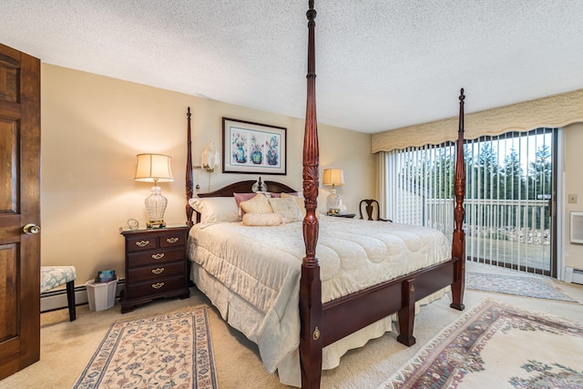 bedroom featuring access to outside, a baseboard radiator, light colored carpet, and a textured ceiling