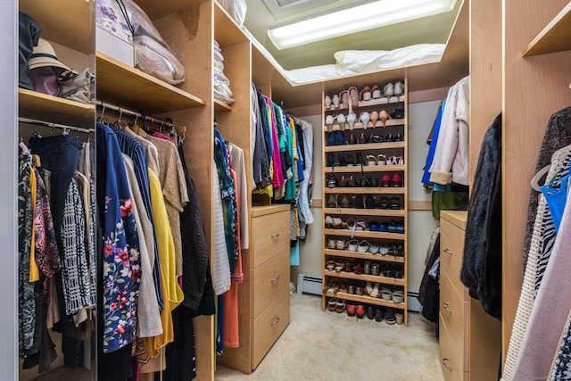 spacious closet featuring light carpet and a baseboard radiator