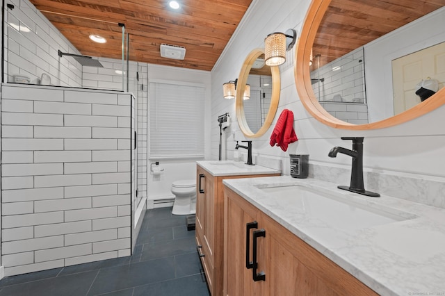 bathroom with tile patterned floors, toilet, a shower with door, and wooden ceiling