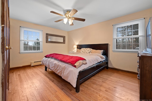 bedroom with light hardwood / wood-style floors, baseboard heating, and ceiling fan