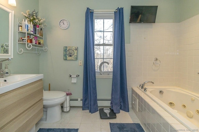 bathroom with tile patterned floors, toilet, baseboard heating, vanity, and a relaxing tiled tub