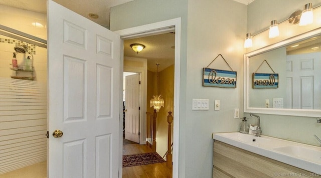 bathroom with vanity and wood-type flooring