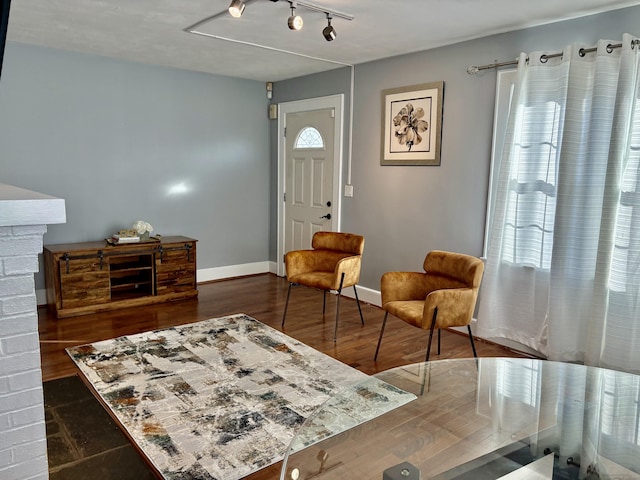 living area featuring dark wood-type flooring and a brick fireplace