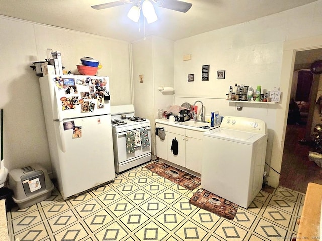 kitchen featuring white appliances, ceiling fan, sink, washer / dryer, and white cabinetry