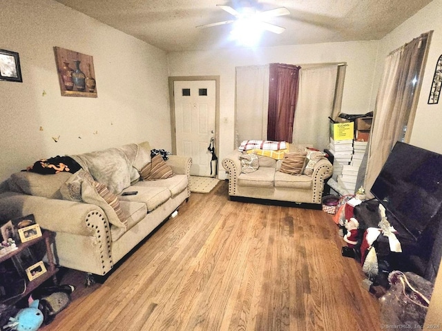 living room with a textured ceiling and light wood-type flooring