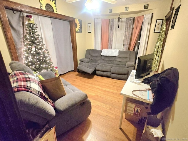 living room with ceiling fan and hardwood / wood-style floors