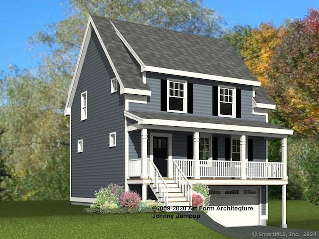 view of front of property featuring a front yard, a porch, and a garage