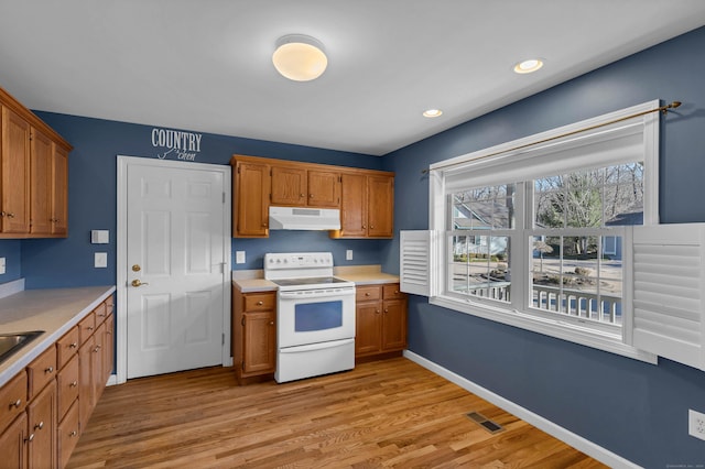 kitchen featuring white electric range oven and light wood-type flooring