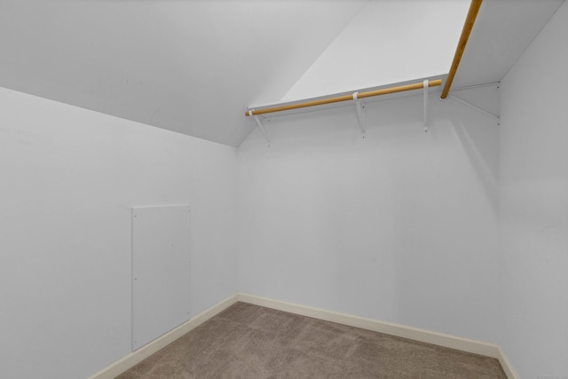 walk in closet with light carpet and lofted ceiling