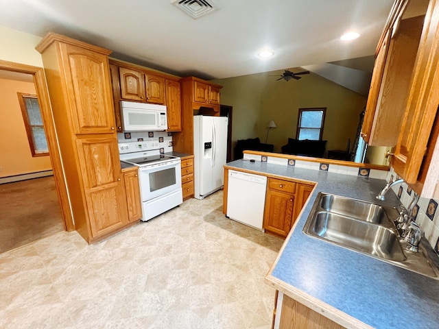 kitchen featuring white appliances, vaulted ceiling, ceiling fan, sink, and a baseboard radiator