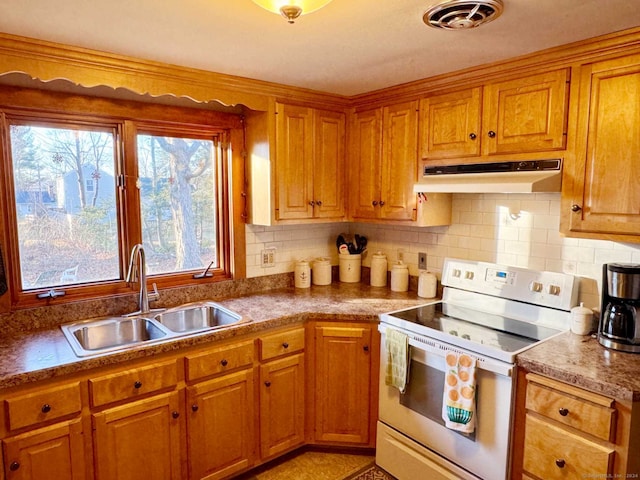 kitchen with sink, backsplash, and electric stove