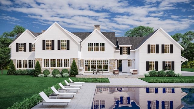 3 Tanglewood Ln, Westport, CT 06880 - back of house featuring a patio, a lawn, a chimney, and stone siding