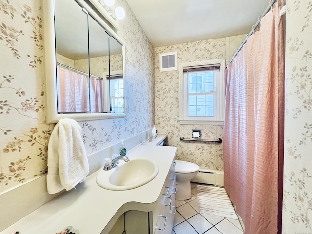 bathroom with baseboard heating, tile patterned flooring, toilet, vanity, and a shower with shower curtain